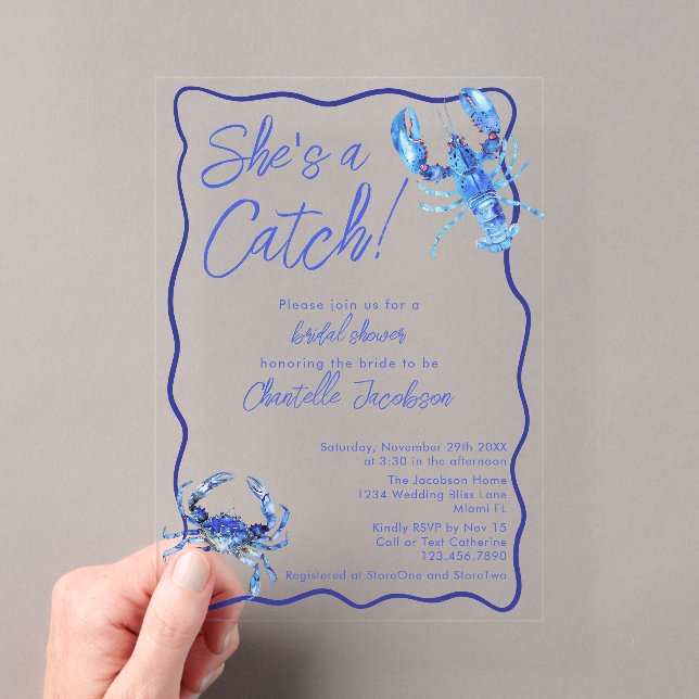 Whimsical She's a Catch Blue Coastal Bridal Shower Acrylic Invitations (Insitu (Handheld))