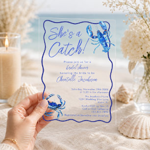 Whimsical She's a Catch Blue Coastal Bridal Shower Acrylic Invitations