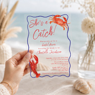 Whimsical She's a Catch Red Coastal Bridal Shower Acrylic Invitations
