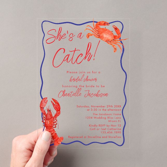 Whimsical She's a Catch Red Coastal Bridal Shower Acrylic Invitations (Insitu (Handheld))
