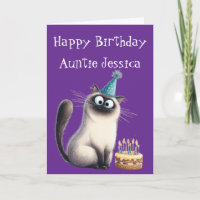 Whimsical Siamese Cat Birthday Card