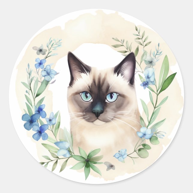 Whimsical Siamese Cat & Botanicals Classic Round Sticker (Front)