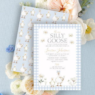 Whimsical Silly Goose Blue Gingham Baby Shower Invitation