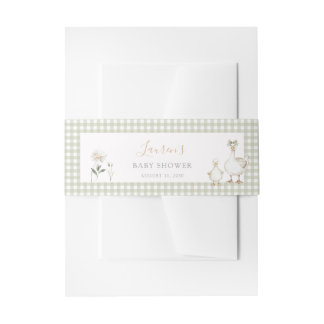 Whimsical Silly Goose Green Gingham Baby Shower Invitation Belly Band