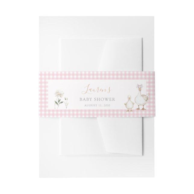 Whimsical Silly Goose Pink Gingham Baby Shower Invitation Belly Band (Front Example)