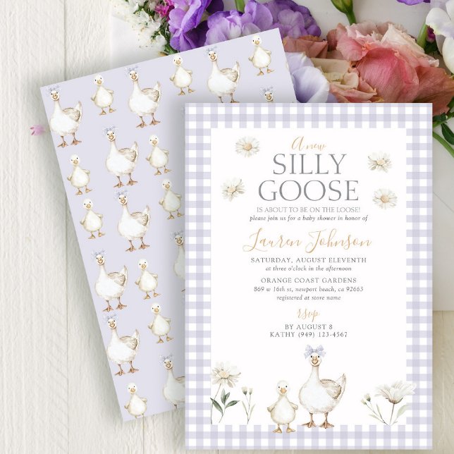 Whimsical Silly Goose Purple Gingham Baby Shower Invitation (Creator Uploaded)