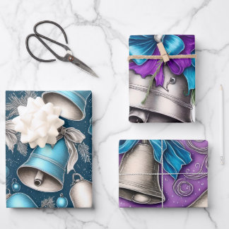 Whimsical Silver Bells Christmas Wrapping Paper Sheet