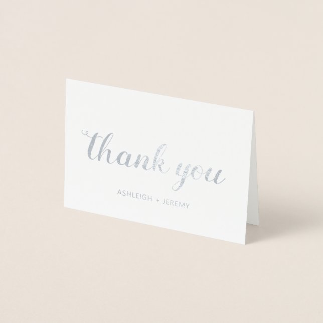 Whimsical Silver Calligraphy Wedding Thank You Foil Card (Front)