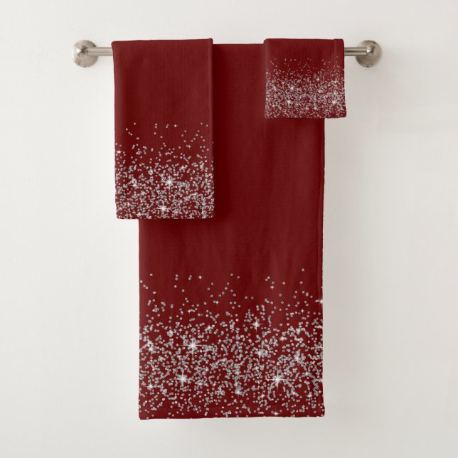 Whimsical Silver Glitter on Red Bath Towel Set (Insitu)