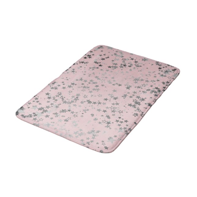 Whimsical Silver Stars on Pink  Bath Mat (Angled)