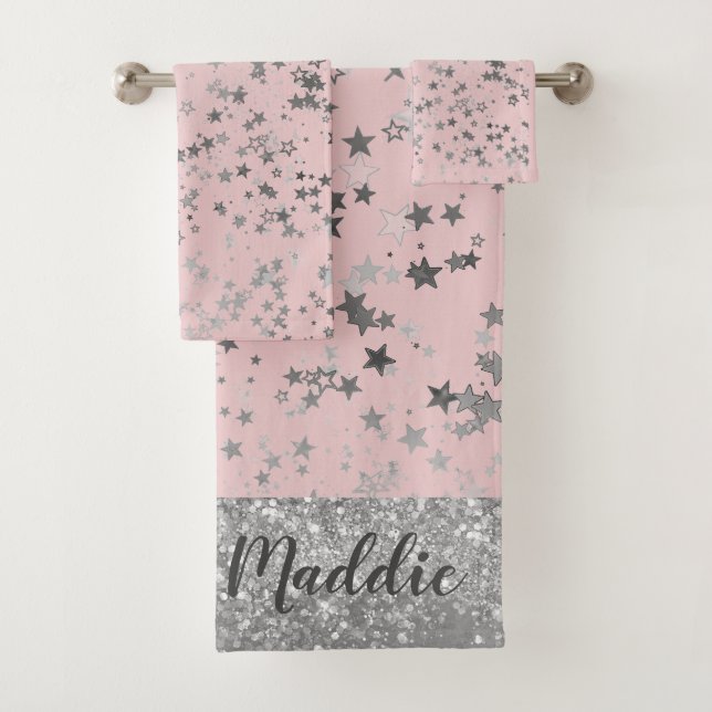Whimsical Silver Stars on Pink Personalized Bath Towel Set (Insitu)