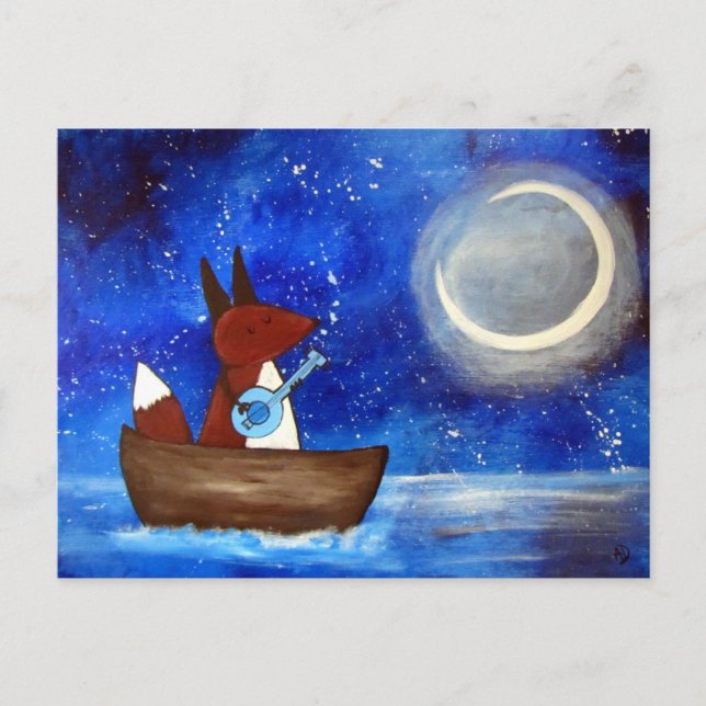 Whimsical Singing Fox Art Boat Blue Kids Cute Postcard (Front)