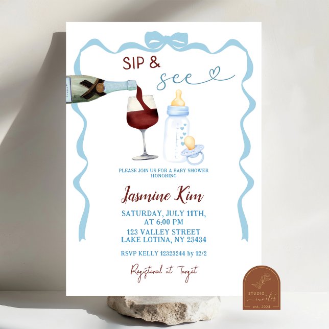 Whimsical Sip and See Blue Boy Baby Shower Invitation (Creator Uploaded)