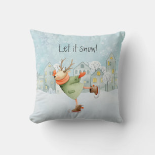 Whimsical Skating Deer Let It Snow Holiday Throw Pillow