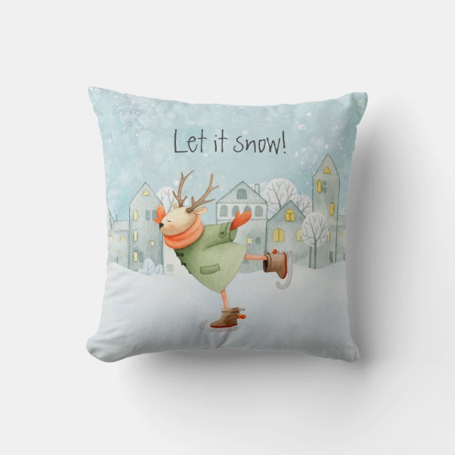 Whimsical Skating Deer Let It Snow Holiday Throw Pillow (Front)