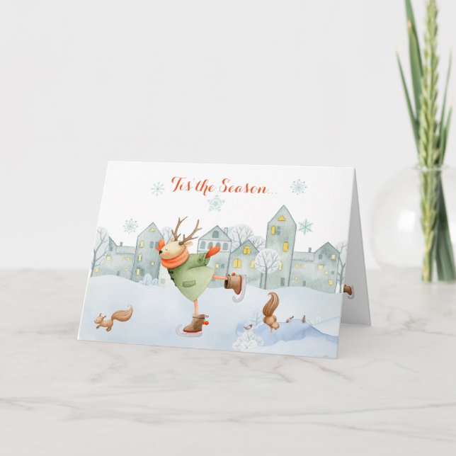 Whimsical Skating Reindeer Squirrels Winter Scene Holiday Card (Front)