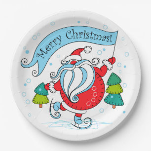 Whimsical Skating Santa Claus Merry Christmas Paper Plate