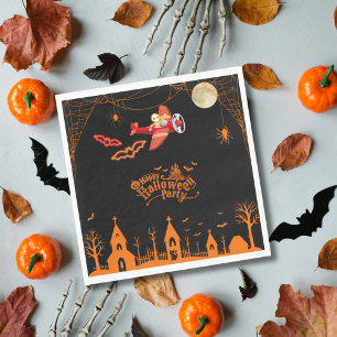 Whimsical Skeleton Flying Airplane Halloween Party Napkin