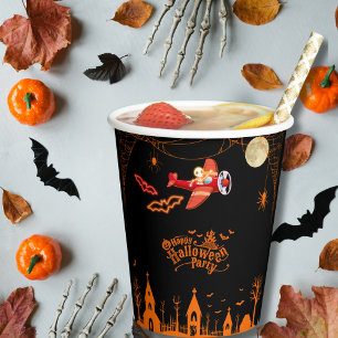 Whimsical Skeleton Flying Airplane Halloween Party Paper Cups