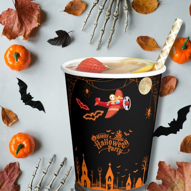 Whimsical Skeleton Flying Airplane Halloween Party Paper Cups (Creator Uploaded)
