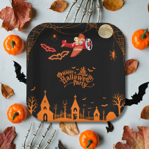 Whimsical Skeleton Flying Airplane Halloween Party Paper Plate