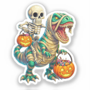 Whimsical Skeleton Riding Mummy T-Rex Halloween 