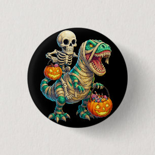 Whimsical Skeleton Riding Mummy T-Rex Halloween 1 Inch Round Button