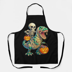 Whimsical Skeleton Riding Mummy T-Rex Halloween  Apron