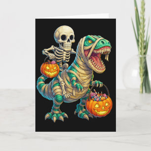 Whimsical Skeleton Riding Mummy T-Rex Halloween Card