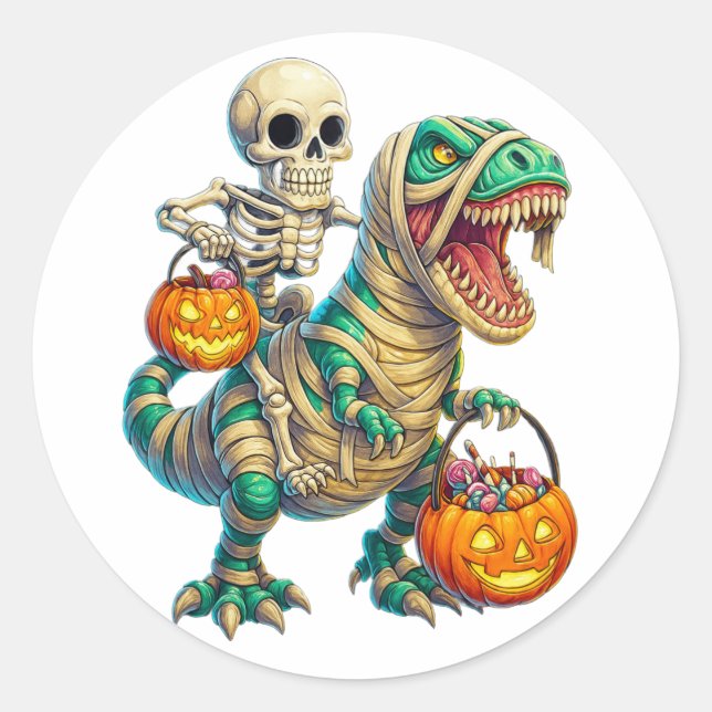 Whimsical Skeleton Riding Mummy T-Rex Halloween  Classic Round Sticker (Front)