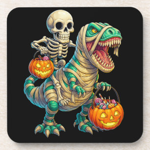 Whimsical Skeleton Riding Mummy T-Rex Halloween Coaster