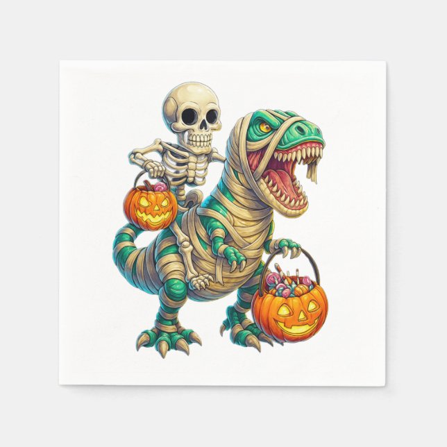 Whimsical Skeleton Riding Mummy T-Rex Halloween  Napkin (Front)