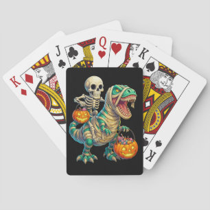 Whimsical Skeleton Riding Mummy T-Rex Halloween Playing Cards