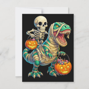 Whimsical Skeleton Riding Mummy T-Rex Halloween Postcard