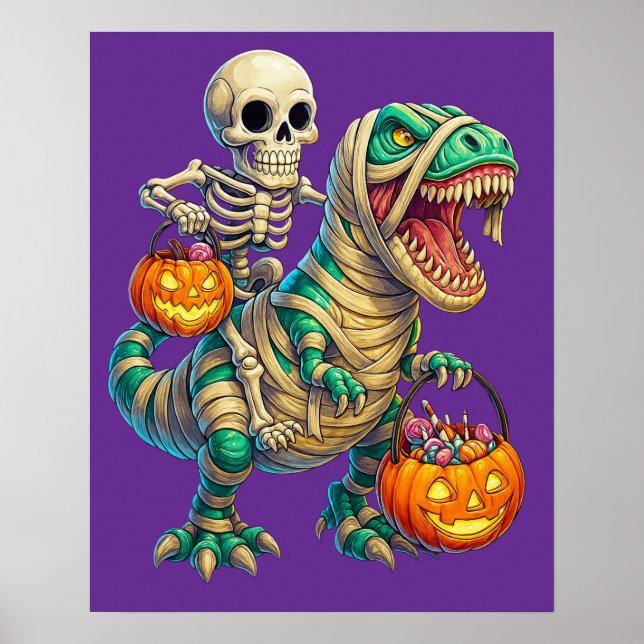 Whimsical Skeleton Riding Mummy T-Rex Halloween  Poster (Front)