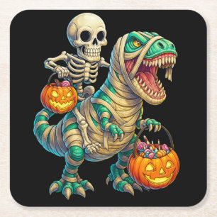 Whimsical Skeleton Riding Mummy T-Rex Halloween Square Paper Coaster