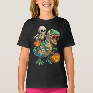 Whimsical Skeleton Riding Mummy T-Rex Halloween  T-Shirt