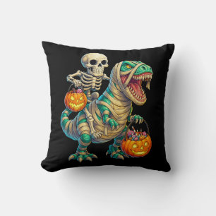 Whimsical Skeleton Riding Mummy T-Rex Halloween  Throw Pillow