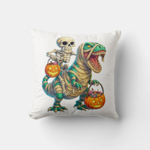 Whimsical Skeleton Riding Mummy T-Rex Halloween  Throw Pillow