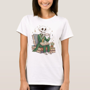 Whimsical Skeleton Tea Reader, Cozy Book Scene T-Shirt