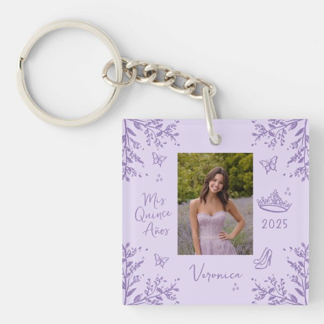 Whimsical Sketch Photo Mis Quince Años Keepsake Keychain (Front)