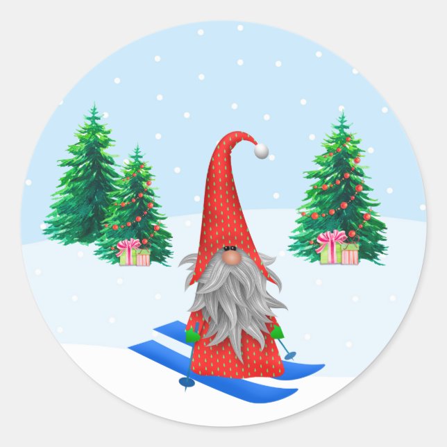 Whimsical Skiing Christmas Gnome Scene Classic Round Sticker (Front)