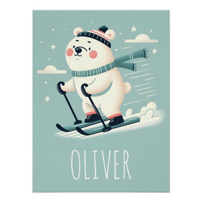 Whimsical Skiing Cute Polar Bear Personalized Poster (Front)