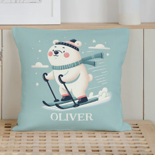 Whimsical Skiing Cute Polar Bear Personalized Throw Pillow