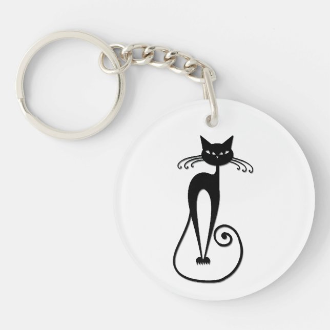 Whimsical Skinny Black Cat Keychain (Front)
