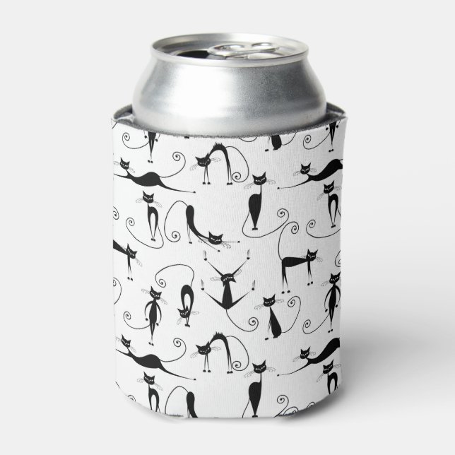 Whimsical Skinny Black Cat Pattern Can Cooler (Can Front)