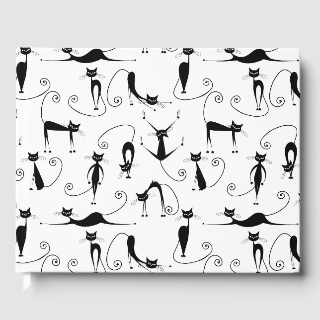 Whimsical Skinny Black Cat Pattern Guest Book (Front)