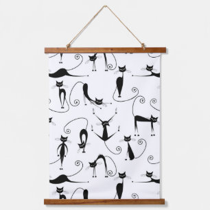 Whimsical Skinny Black Cat Pattern Hanging Tapestry