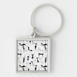 Whimsical Skinny Black Cat Pattern Keychain