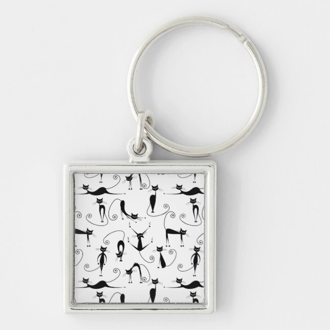 Whimsical Skinny Black Cat Pattern Keychain (Front)